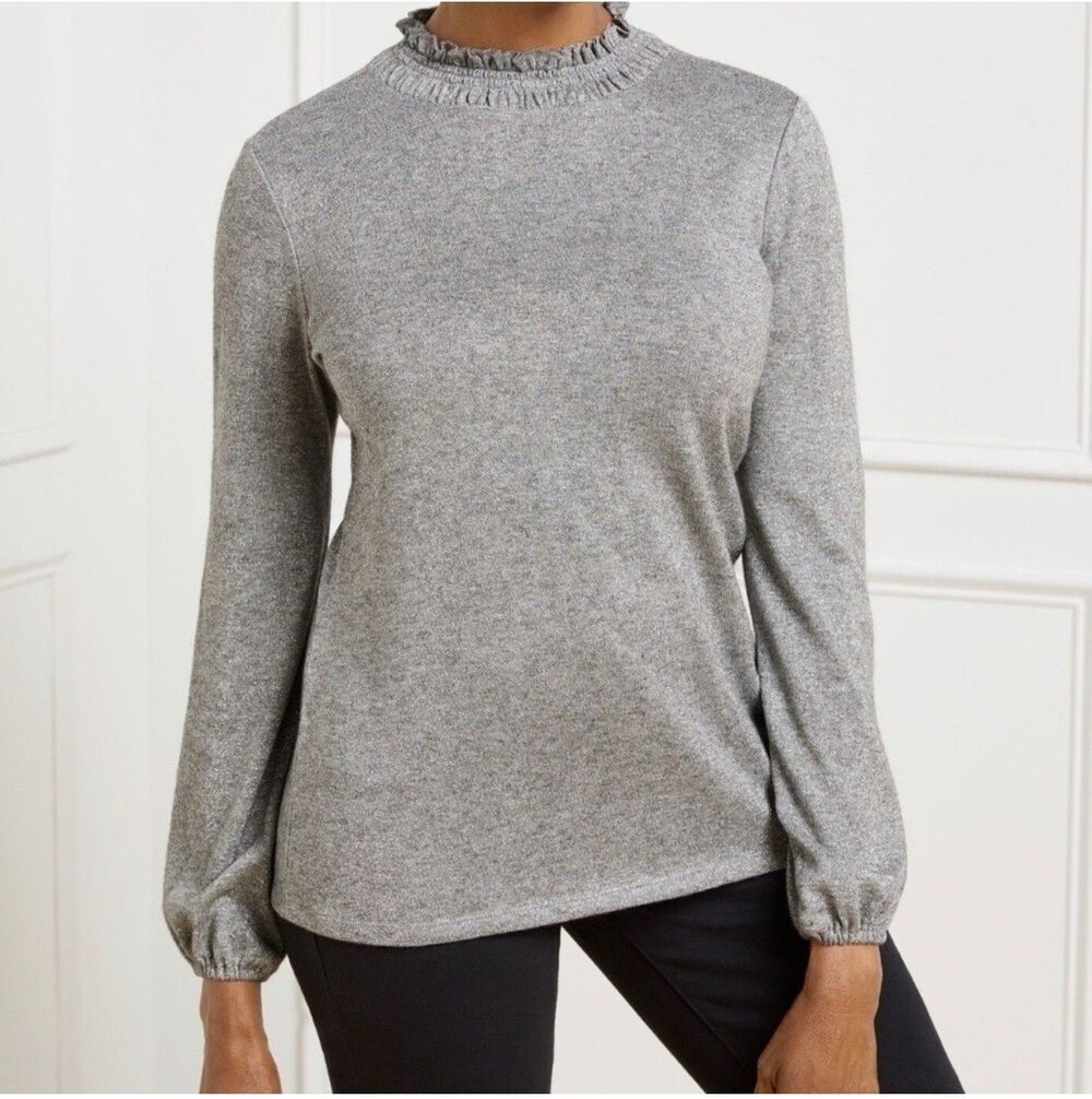 NWT Talbots sweater Sz M Silver Sparkle Gray Feminine  Black Velvet Bow detail